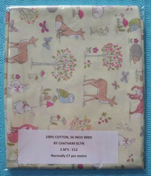 2 METRE PACK, 100% COTTON, 56 INCH WIDE. CHATHAM GLYN, WOODLAND ANIMALS PALE YELLOW.