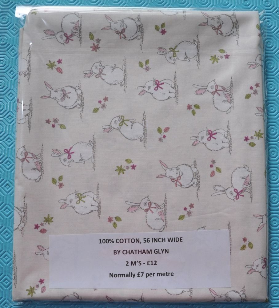 2 METRE PACK, 100% COTTON, 56 INCH WIDE. CHATHAM GLYN, RABBITS CREAM.