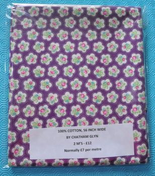 2 METRE PACK, 100% COTTON, 56 INCH WIDE. CHATHAM GLYN, PURPLE FLORAL.