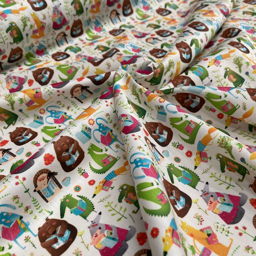 EUROPEAN 100% COTTON BY CHATHAM GLYN, 150GSM, 140 CMS WIDE. ANIMALS READING