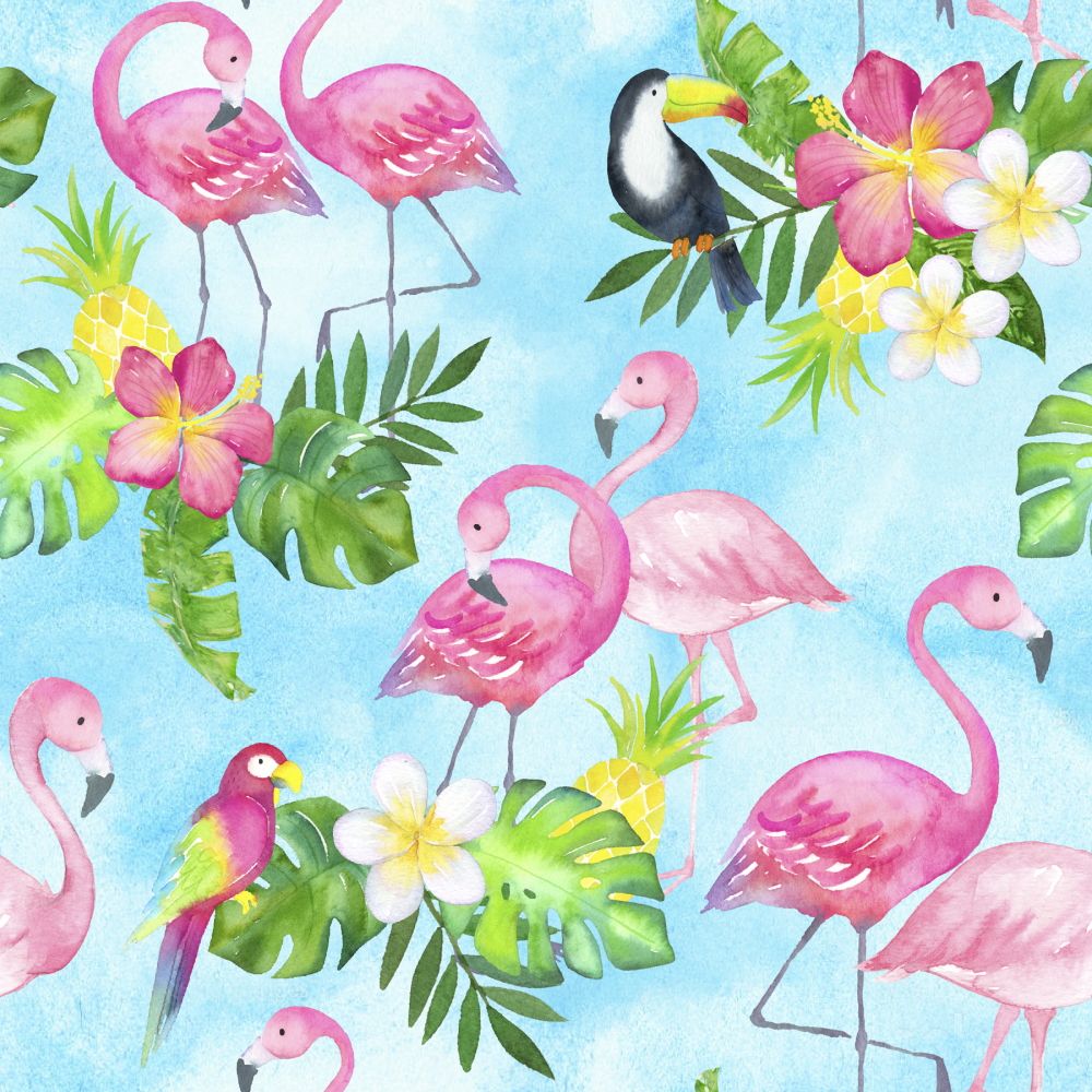 TROPICAL RANGE BY CRAFT COTTON COMPANY, 100% COTTON. FLAMINGOS ON BLUE.