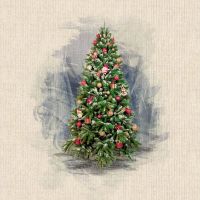 18" X 18" LINEN COTTON PRINTED PANEL, TRAD CHRISTMAS TREE.