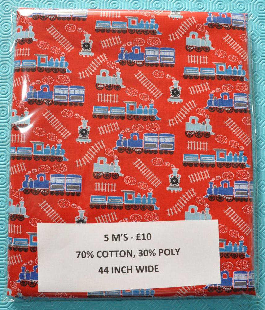 5 METRE PACK, 70% COTTON - 30% POLY, 44 INCH WIDE. BLUE TRAINS ON RED.