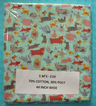 5 METRE PACK, 70% COTTON - 30% POLY, 44 INCH WIDE. FARM ANIMALS ON PALE MINT GREEN.
