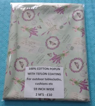 2 METRE PACK, 100% COTTON POPLIN WITH TEFLON COATING, FOR TABLECLOTHS ETC. PURPLE LAVENDER ON PALE GREEN BACK.
