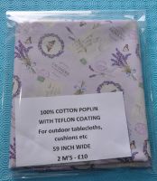 2 METRE PACK, 100% COTTON POPLIN WITH TEFLON COATING, FOR TABLECLOTHS ETC. PURPLE LAVENDER ON PALE LILAC BACK.