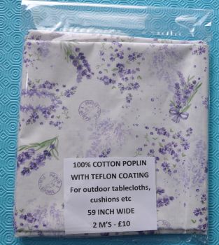 2 METRE PACK, 100% COTTON POPLIN WITH TEFLON COATING, FOR TABLECLOTHS ETC. LAVENDER ON WHITE BACK.