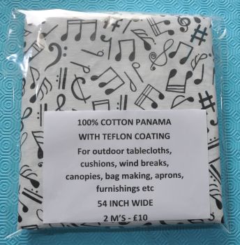 2 METRE PACK, 100% COTTON PANAMA WITH TEFLON COATING, FOR TABLECLOTHS ETC. MUSICAL NOTES ON WHITE.