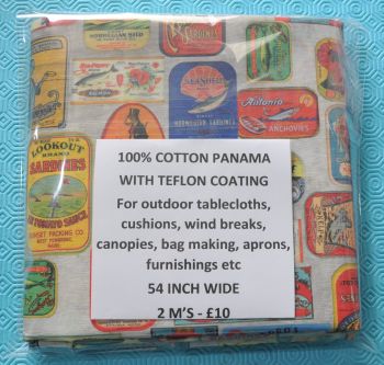 2 METRE PACK, 100% COTTON PANAMA WITH TEFLON COATING, FOR TABLECLOTHS ETC. VINTAGE FOOD TINS.