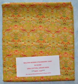 3 METRE PACK, 100% COTTON, 140 CMS WIDE. WILLIAM MORRIS STRAWBERRY THIEF IN OCHRE.