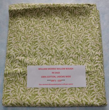 3 METRE PACK, 100% COTTON, 140 CMS WIDE. WILLIAM MORRIS WILLOW BOUGH IN SAGE.