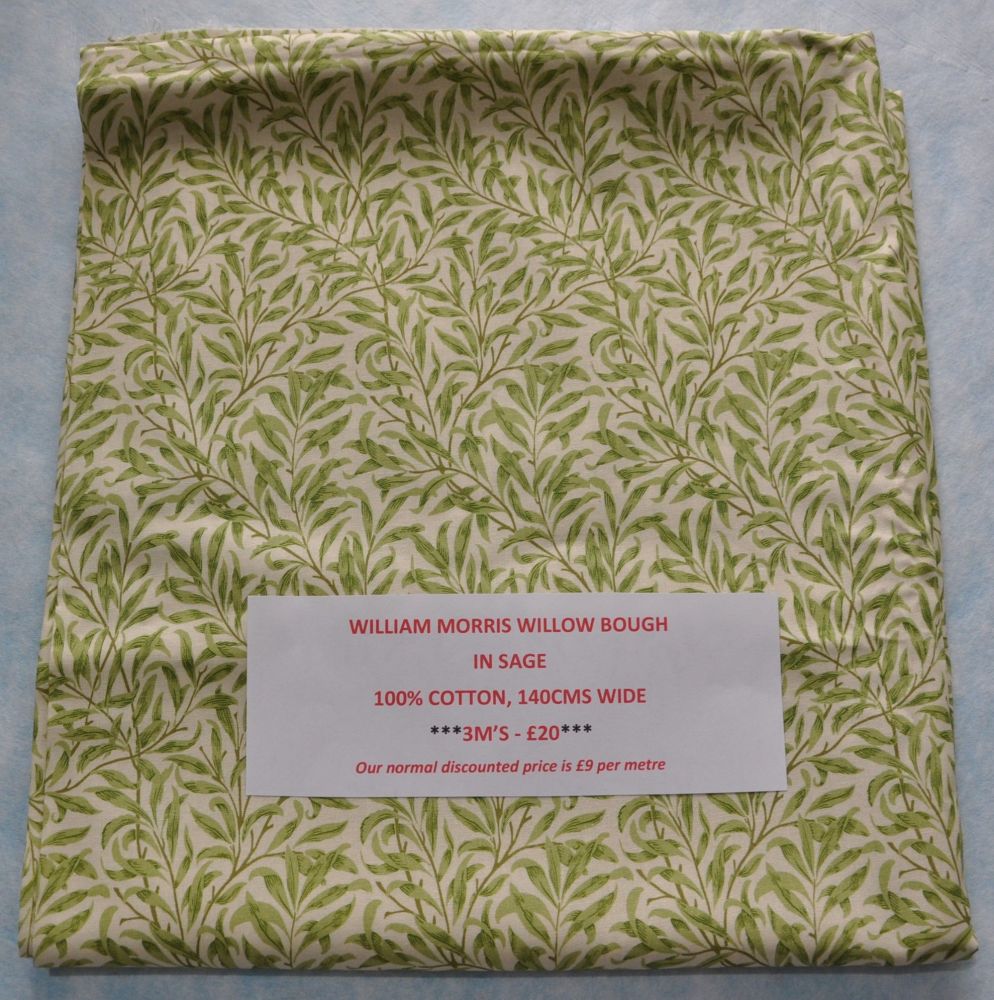 3 METRE PACK, 100% COTTON, 140 CMS WIDE. WILLIAM MORRIS WILLOW BOUGH IN SAG