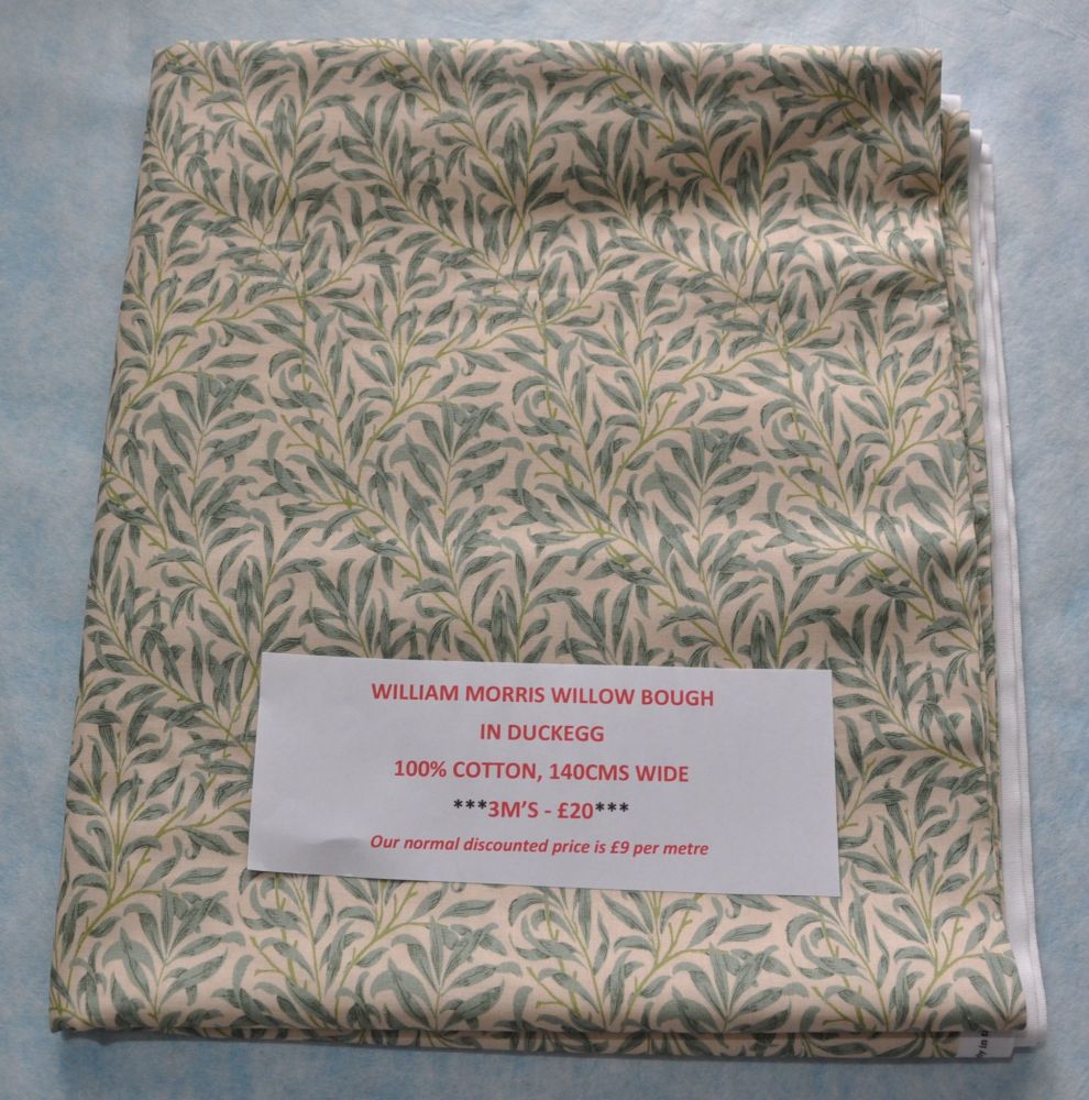 3 METRE PACK, 100% COTTON, 140 CMS WIDE. WILLIAM MORRIS WILLOW BOUGH IN DUC