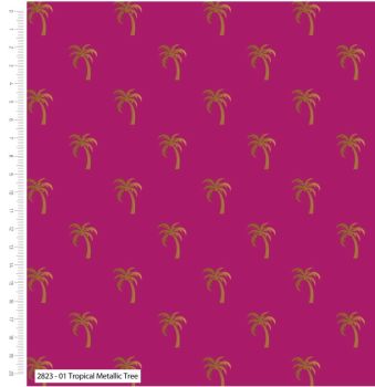 TROPICAL METALLICS BY CRAFT COTTON COMPANY, 100% COTTON. PALM TREES ON CERISE PINK