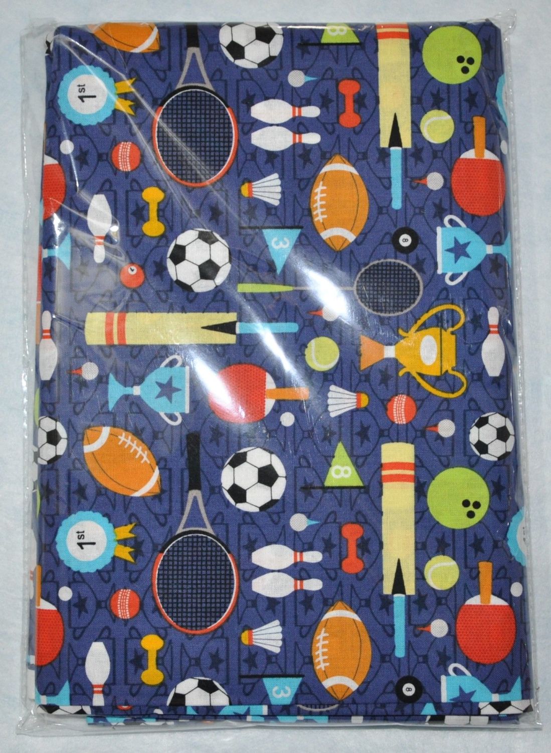3 METRE PACK, 100% cotton, 44 inch wide. Sports day on blue.