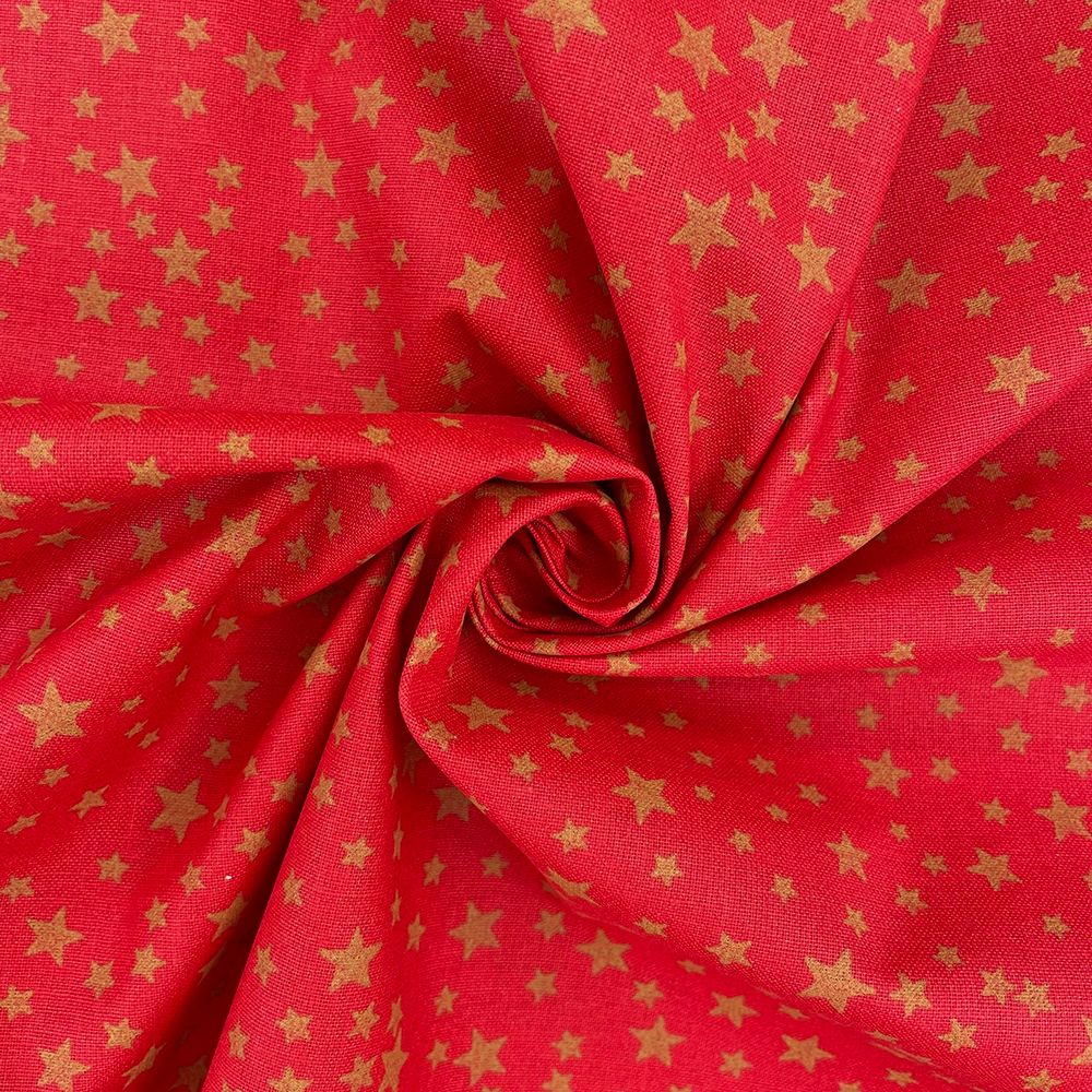 Metallic gold stars on red, 140cms wide, 100% cotton, med weight from Chath