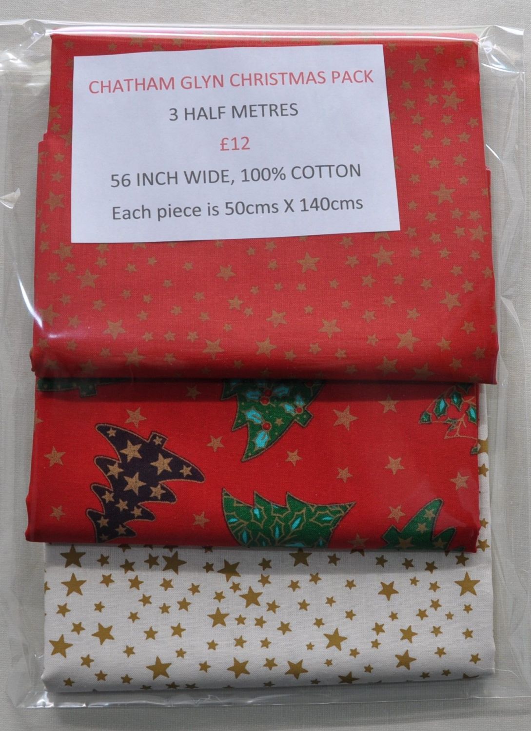 3 half metre pack by Chatham Glyn. 100% cotton. Christmas pack 1.