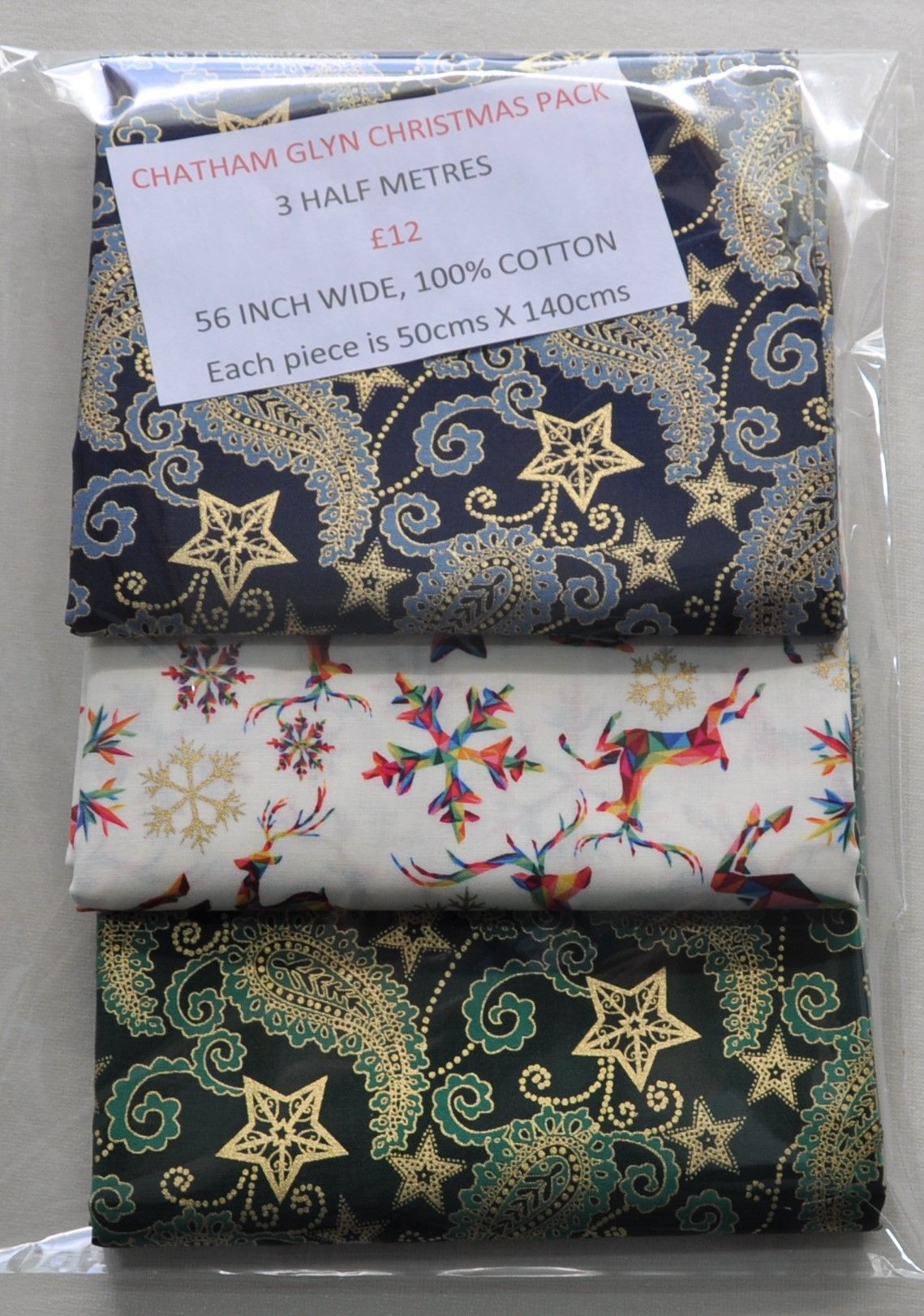 3 half metre pack by Chatham Glyn. 100% cotton. Christmas pack 3.
