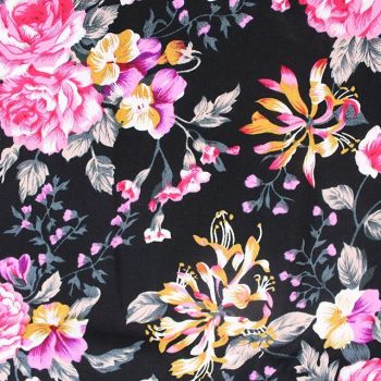 100% SOFT DRAPE COTTON POPLIN, VINTAGE FLORAL ON BLACK 56 INCH WIDE.
