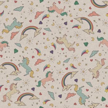 CHATHAM GLYN LONETA CRAFTY LINEN CURTAIN FURNISHING FABRIC, unicorn rainbow.
