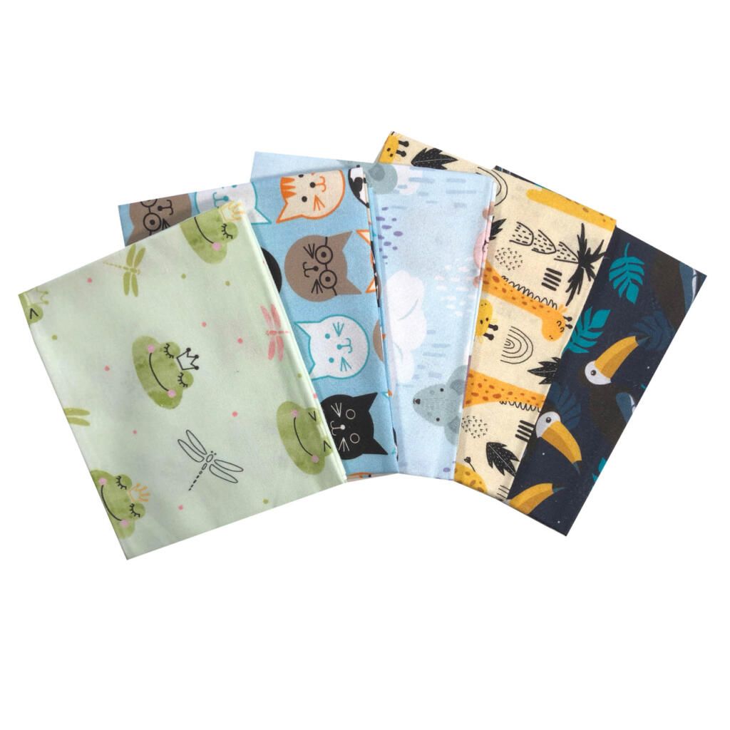 FAT QUARTER SET, 5 PIECES. 100% COTTON. Animal Delight.