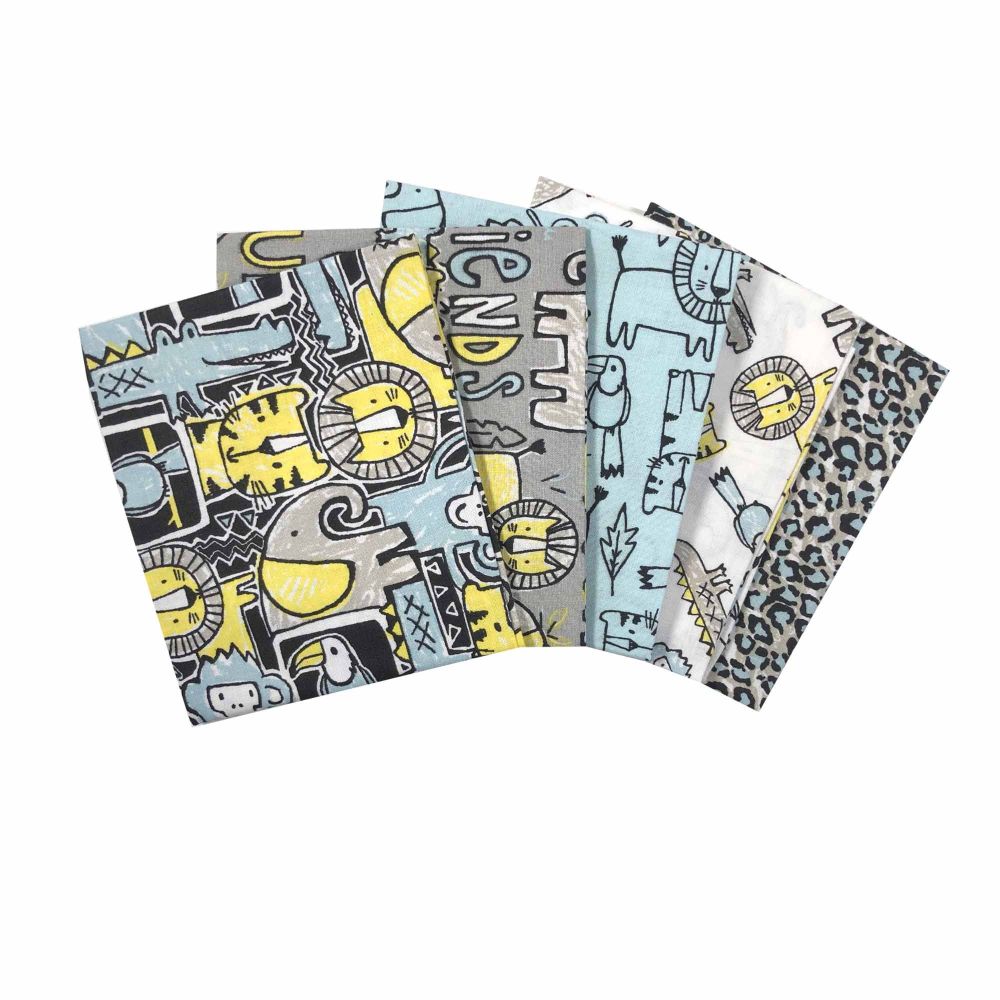 FAT QUARTER SET, 5 PIECES. 100% COTTON. Jungle Friends.