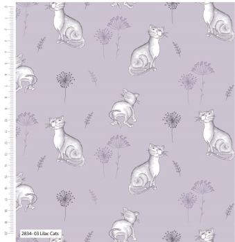 100% cotton by Debbie Shore from the Pets Collection range - Lilac Cats. REDUCED TO CLEAR.