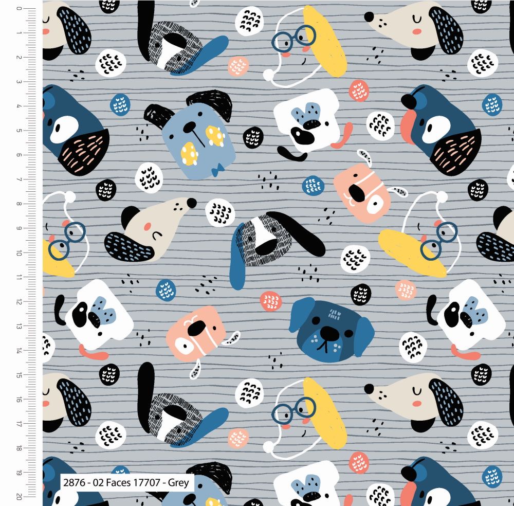 100% cotton from the Pets at Home range by Craft Cotton Co' - Faces on grey