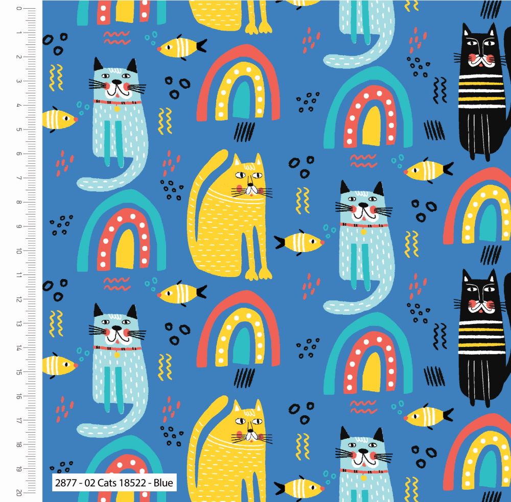 100% cotton from the Mochis Pals range by Craft Cotton Co' - Cats on Blue. 