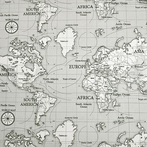 100% cotton panama by Fryetts Fabrics - World map on grey.