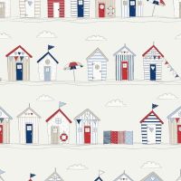 100% cotton panama by Fryetts Fabrics - Beach huts red, white and blue.