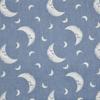 100% cotton from the Nursery Basics range by Craft Cotton Co' - White moon on denim blue. REDUCED TO CLEAR.