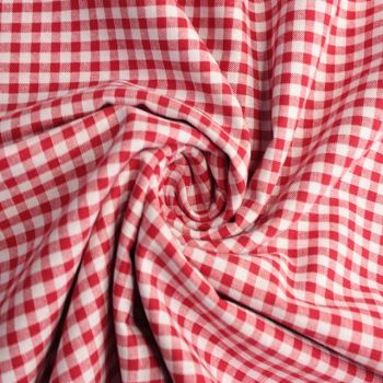 Red and white woven gingham 100% cotton, 59 inch wide. Oeko-Tex tested.