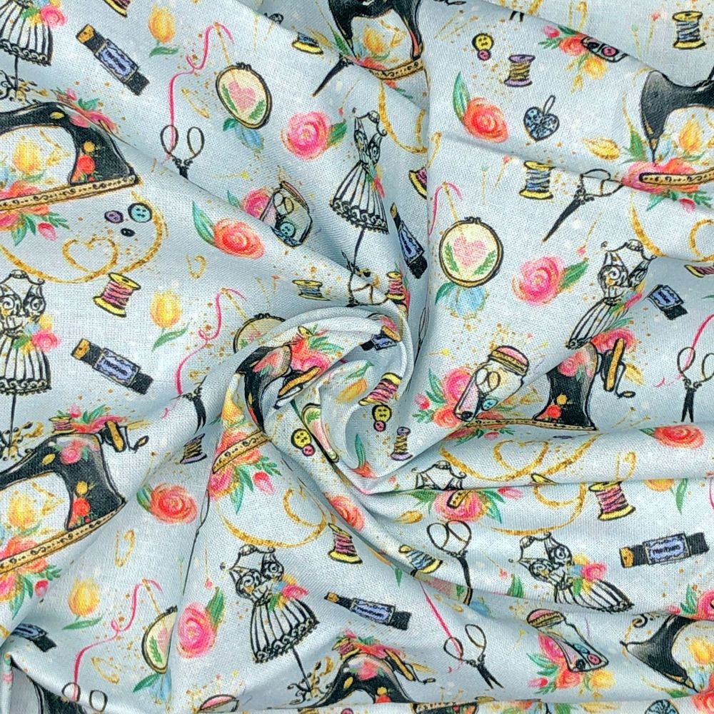 Sewing theme design 1, 140cms wide, 100% cotton, med weight from Chatham Gl