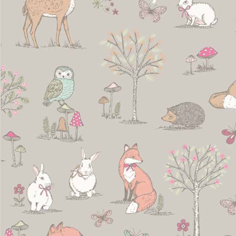 Woodland animals on taupe, 140cms wide, 100% cotton, med weight lifestyle c