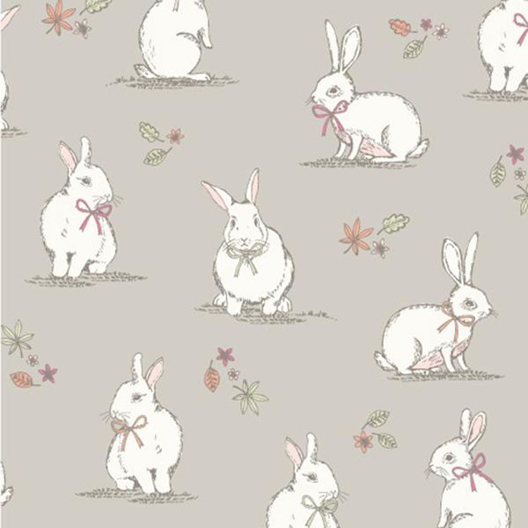 Woodland bunnies on taupe, 140cms wide, 100% cotton, med weight lifestyle c