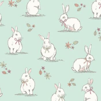 Woodland bunnies on duckegg, 140cms wide, 100% cotton, med weight lifestyle cotton by Chatham Glyn.