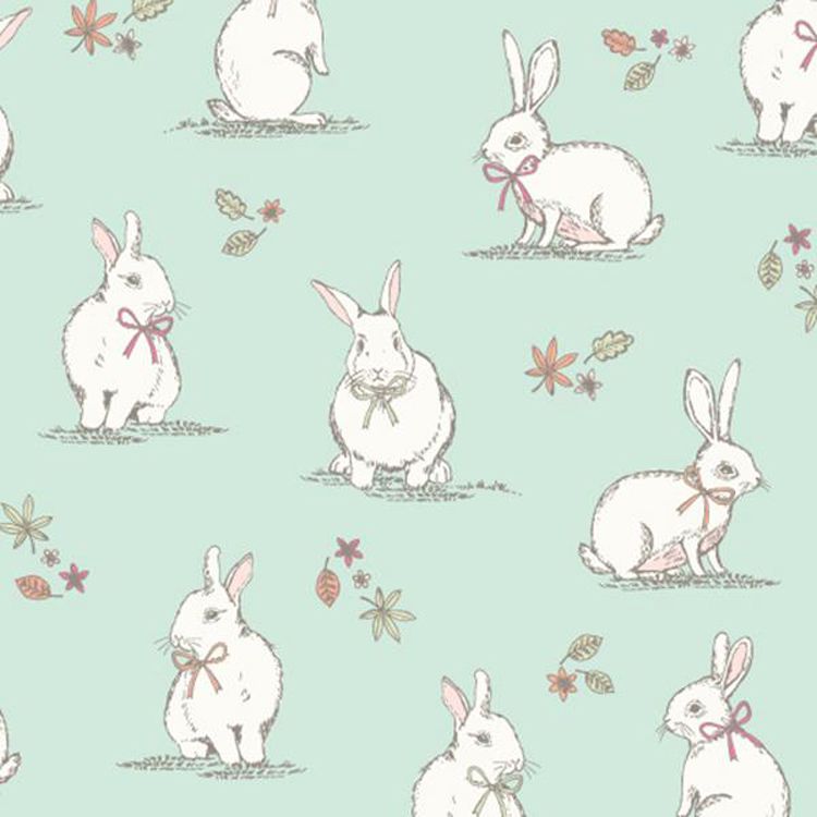 Woodland bunnies on duckegg, 140cms wide, 100% cotton, med weight lifestyle