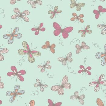 Woodland butterflies duckegg, 140cms wide, 100% cotton, med weight lifestyle cotton by Chatham Glyn.
