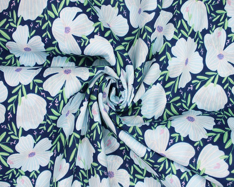 80% Cotton, 20% poly navy blue mindy floral kitch.