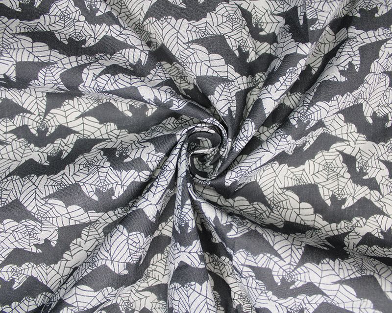 80% Cotton, 20% poly halloween bats on grey.