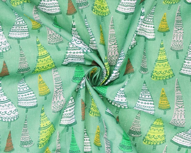 80% Cotton, 20% poly Christmas trees on green.