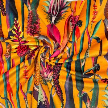 Velvet furnishing fabric for curtains and soft furnishings, 340GSM. Botanical Sunburst.