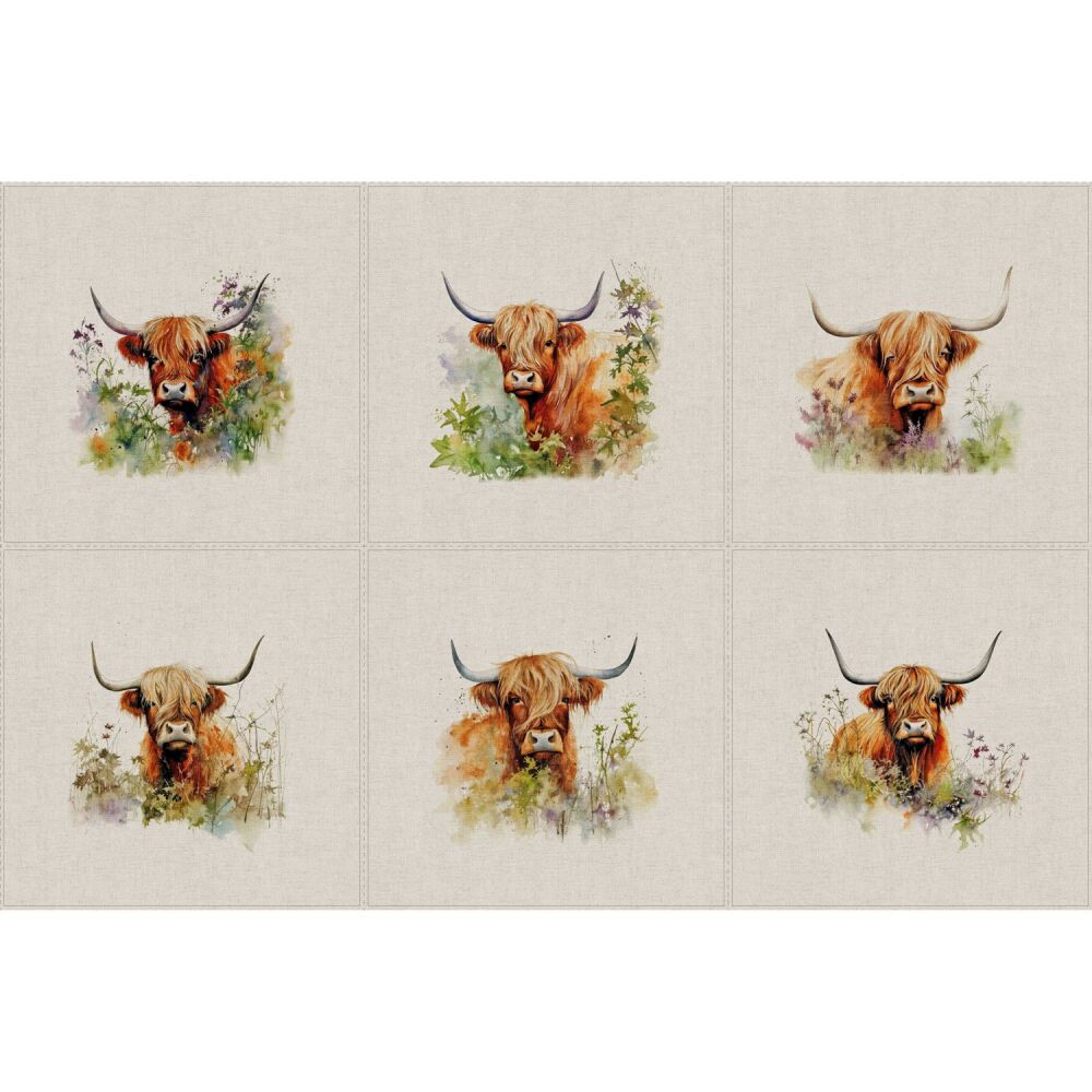 Set of 6 panels, linen/cotton. 45cms x 45cms. Highland Cows.