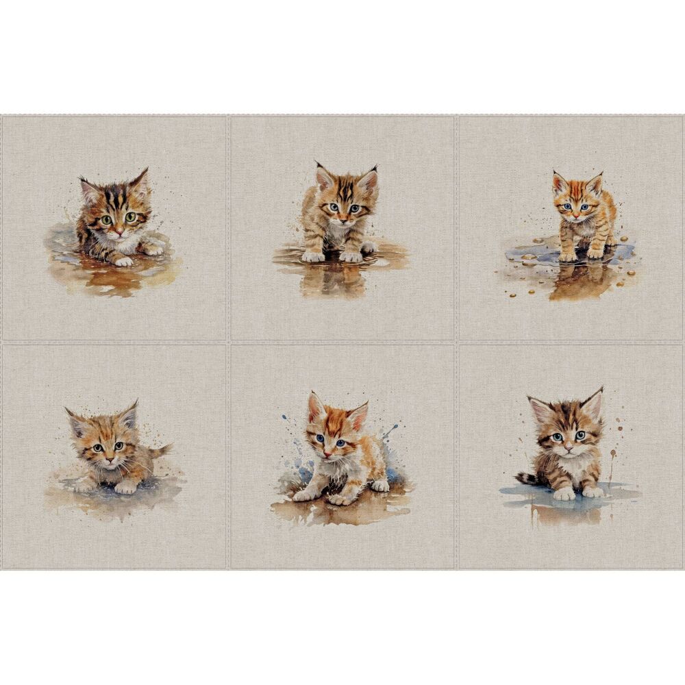 Set of 6 panels, linen/cotton. 45cms x 45cms. Kittens.