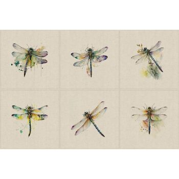 Set of 6 panels, linen/cotton. 45cms x 45cms. Dragonflies.