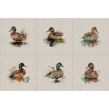 Set of 6 panels, linen/cotton. 45cms x 45cms. Ducks.