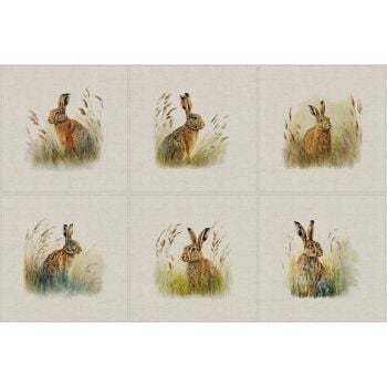 Set of 6 panels, linen/cotton. 45cms x 45cms. Hares.