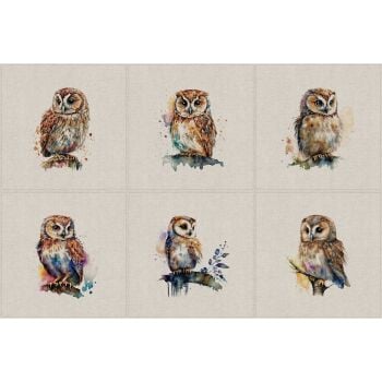 Set of 6 panels, linen/cotton. 45cms x 45cms. Owls.