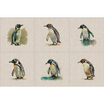 Set of 6 panels, linen/cotton. 45cms x 45cms. Penguins.